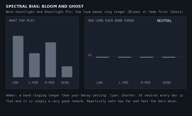 Spectral Bias: loud bands ringing longer toward Bloom, and fading first toward Ghost