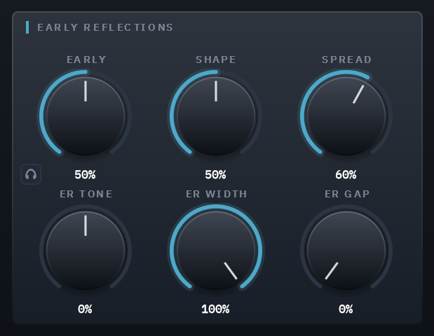 Clearlight’s EARLY REFLECTIONS section: Early with its solo latch, Shape, Spread, ER Tone, ER Width and ER Gap
