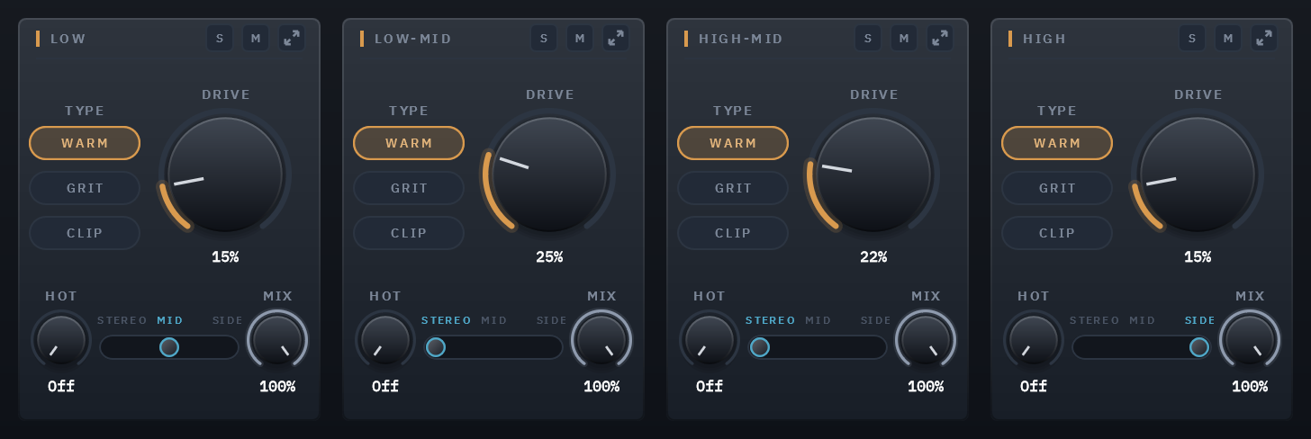 The four band strips, LOW on MID, LOW-MID and HIGH-MID on STEREO, HIGH on SIDE