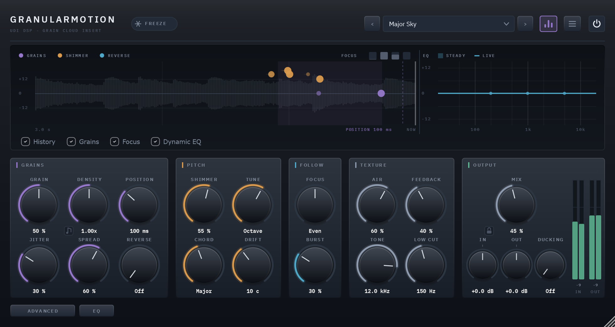 The Granularmotion front panel, showing the recording, every live grain at its pitch, Position's reach and Focus's bands
